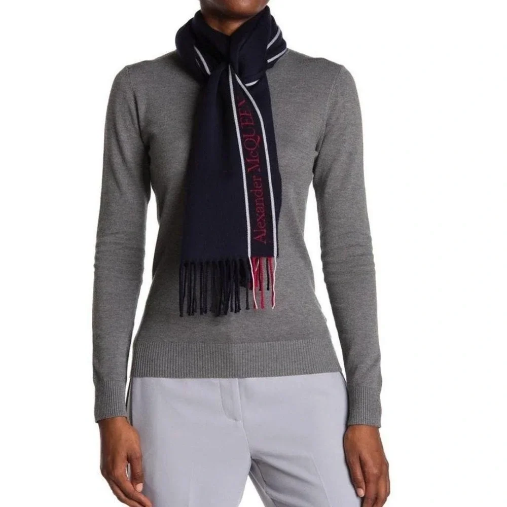 ALEXANDERw MCQUEEN Fringe Wool & Cashmere Scarf, Navy/Red, NWT